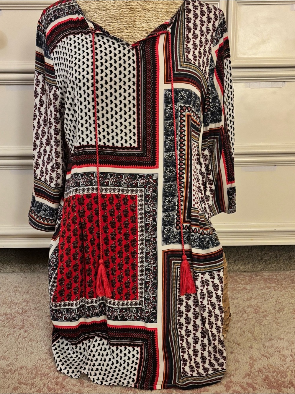 NWOT Umgee Red, Black & Cream Patchwork Midi Dress with Tassel Ties